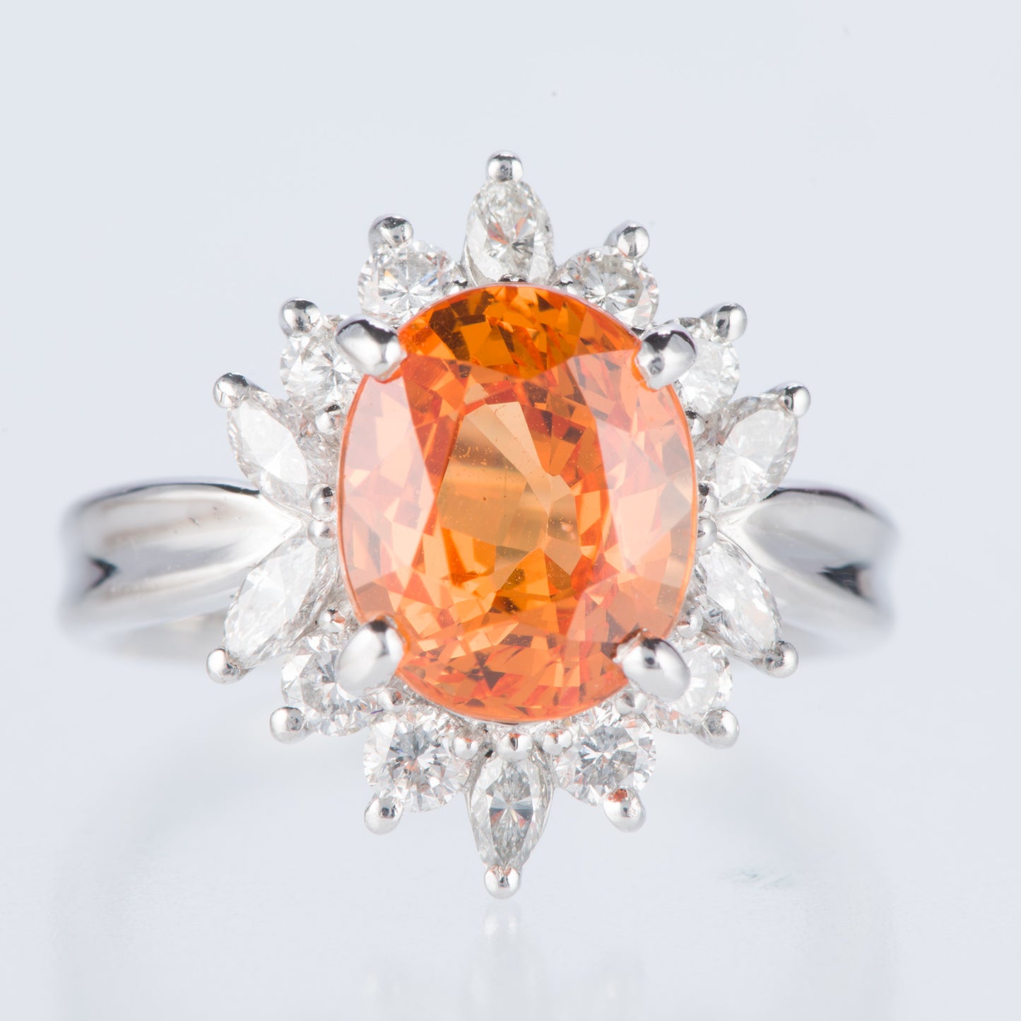 スリーストーン スぺサルティンガーネット x ダイヤモンド プラチナリング SG: 5.11 ct D: 0.86ct Pt900