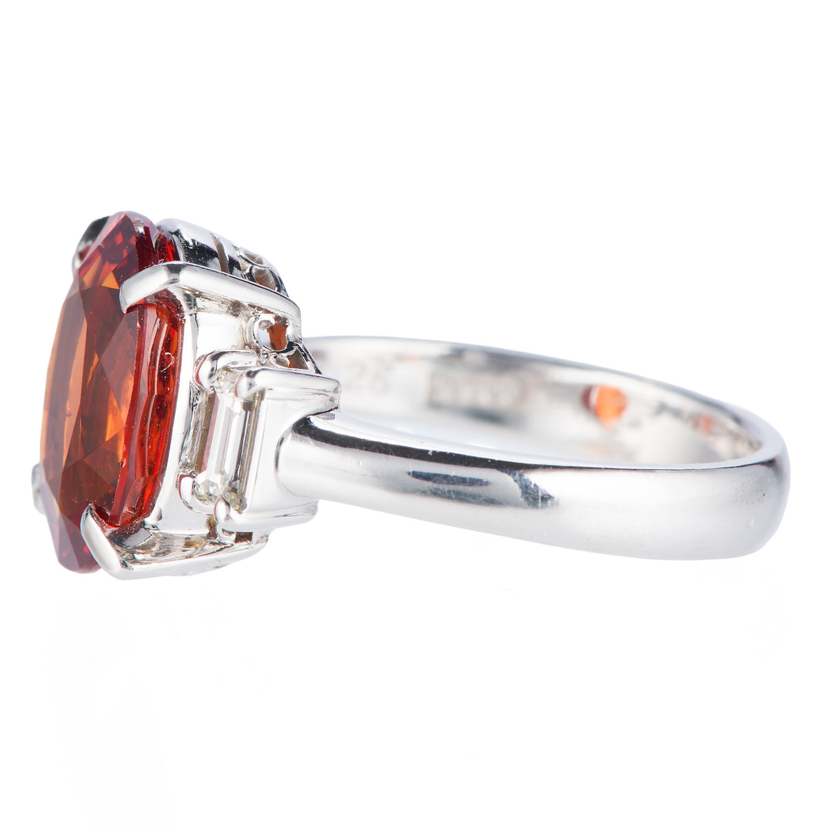 スリーストーン スぺサルティンガーネット x ダイヤモンド プラチナリング SG: 5.26 ct D: 0.25ct Pt900
