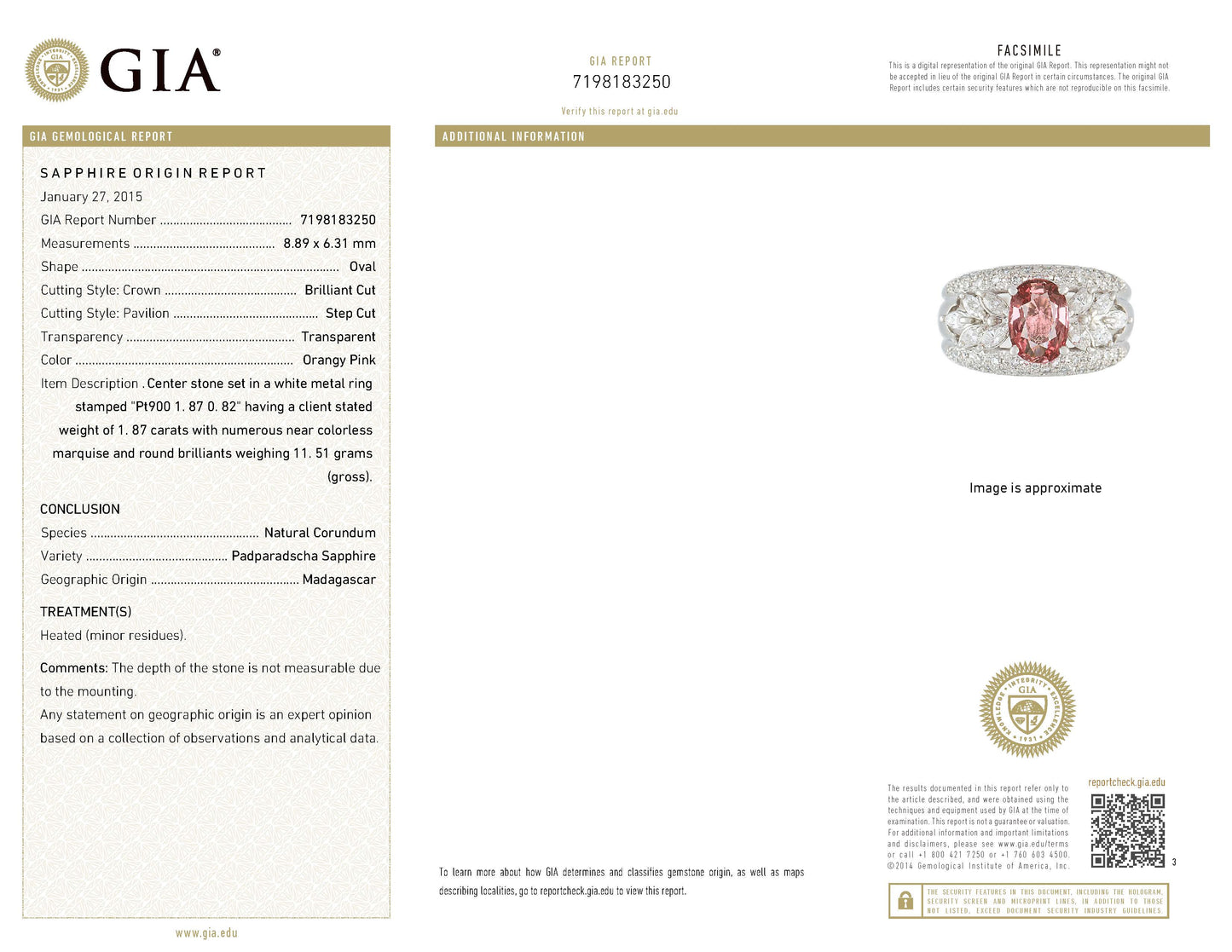 1.87ct パパラチアサファイアxダイヤモンドプラチナ製リング(1.87ct D0.82ct Pt900)GIA