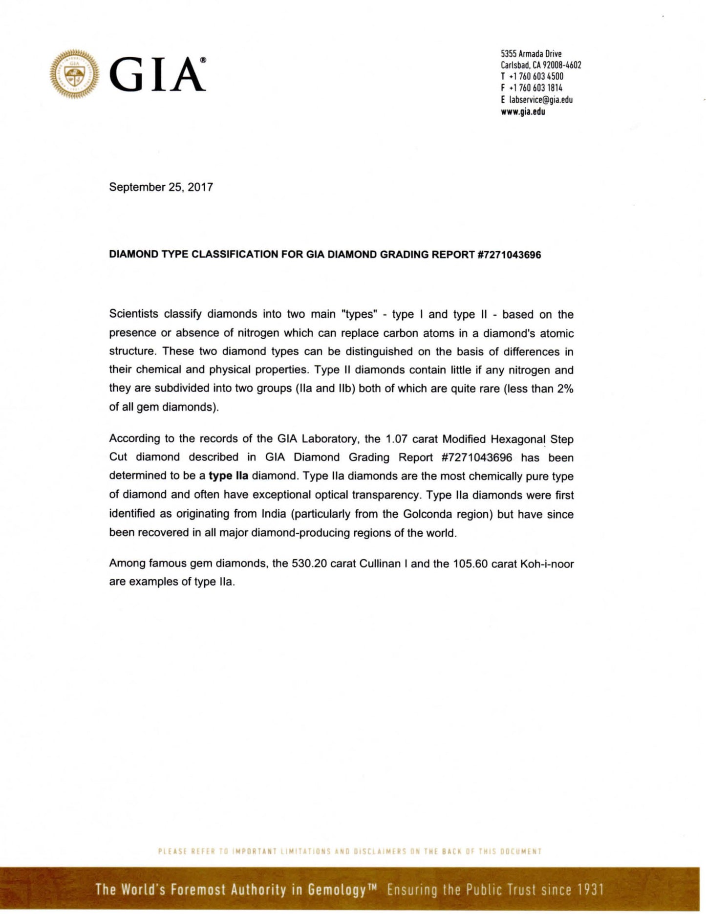 タイプ2aダイヤモンドルース 1ct Type2a, Dカラー, VS2, GIA