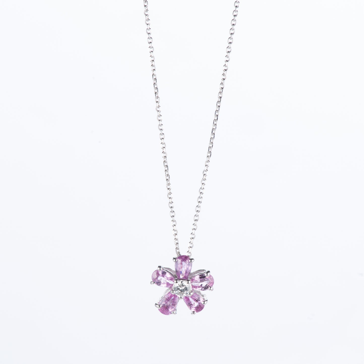 ホワイトゴールド製 ブルームピンクサファイア PS1.19ct D0.11ct K18WG ダイヤモンドペンダントネックレス フラワー型