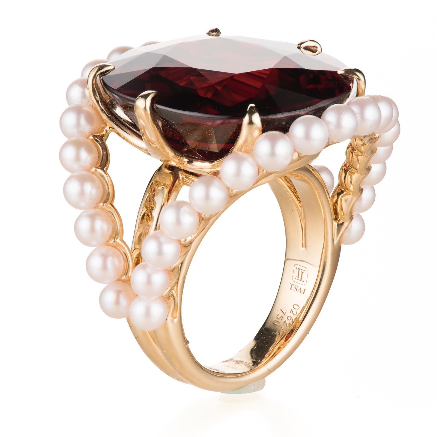サイド スぺサルティンガーネット x アコヤベビーパールイエローゴールドリング (SG: 33.06ct AP:34p K18YG)