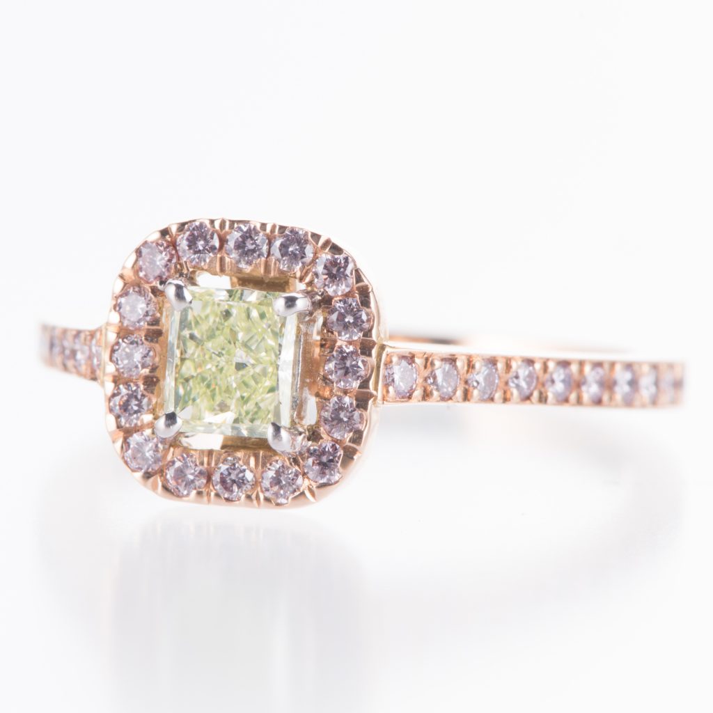 グリーンイエロー×ピンクのダイヤモンドリング ピンクゴールド