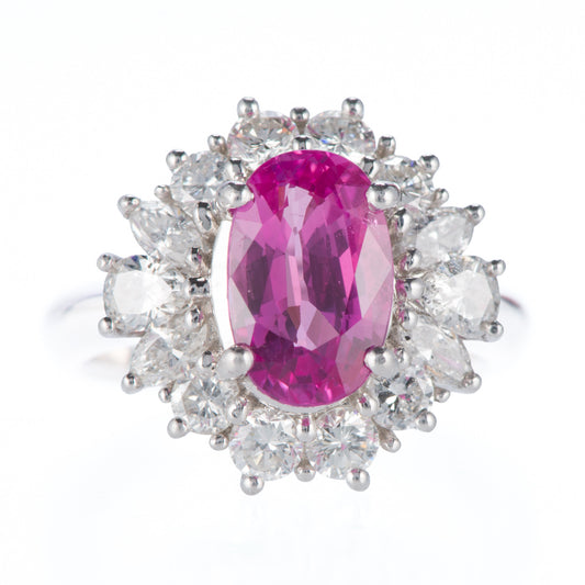 ハローリング ピンクサファイアxダイヤモンド プラチナリング PS: 3.29 ct D: 1.43ct Pt900 GIA