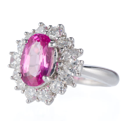 ハローリング ピンクサファイアxダイヤモンド プラチナリング PS: 3.29 ct D: 1.43ct Pt900 GIA