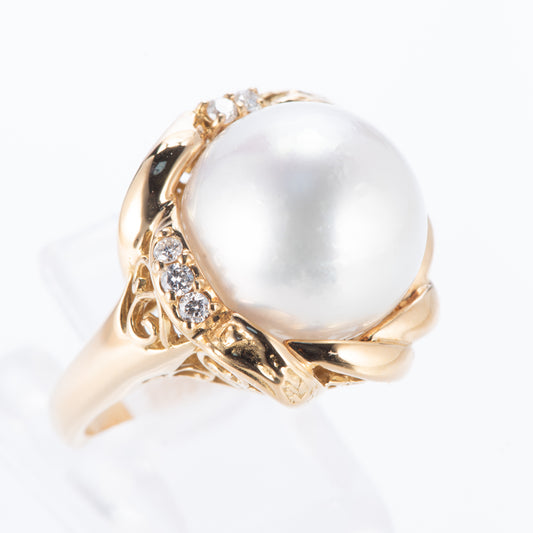 南洋パールxダイヤモンド イエローゴールドリング P: 13.7mm D: 0.18ct K18YG
