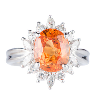スリーストーン スぺサルティンガーネット x ダイヤモンド プラチナリング SG: 5.11 ct D: 0.86ct Pt900