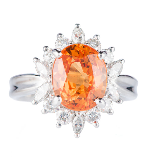 スリーストーン スぺサルティンガーネット x ダイヤモンド プラチナリング SG: 5.11 ct D: 0.86ct Pt900