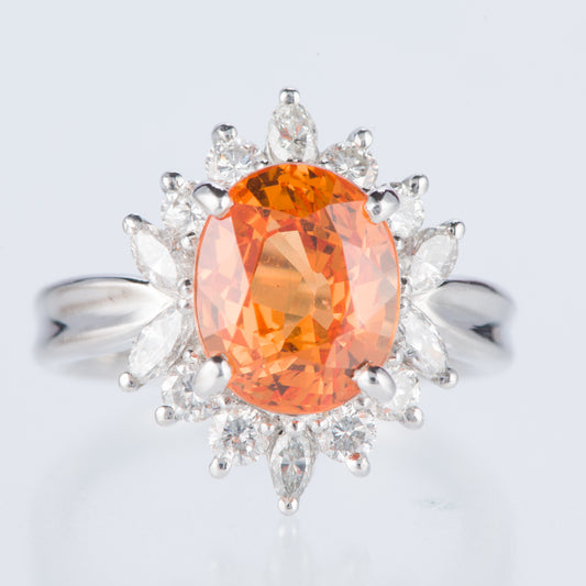 スリーストーン スぺサルティンガーネット x ダイヤモンド プラチナリング SG: 5.11 ct D: 0.86ct Pt900