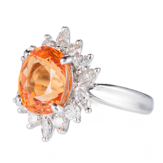 スリーストーン スぺサルティンガーネット x ダイヤモンド プラチナリング SG: 5.11 ct D: 0.86ct Pt900