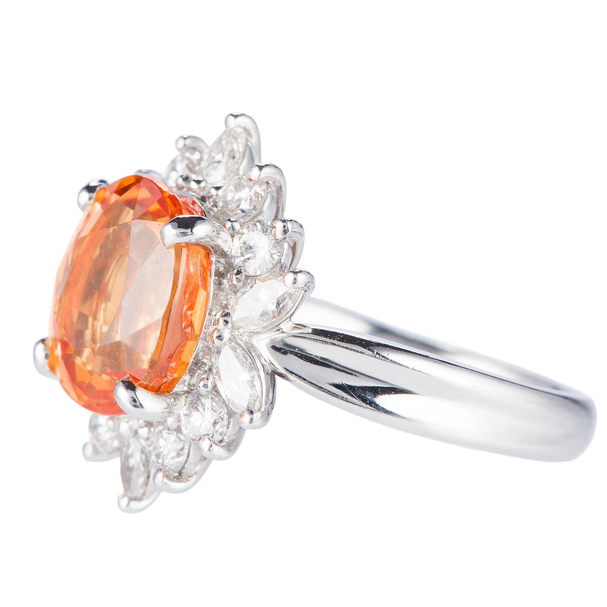 スリーストーン スぺサルティンガーネット x ダイヤモンド プラチナリング SG: 5.11 ct D: 0.86ct Pt900