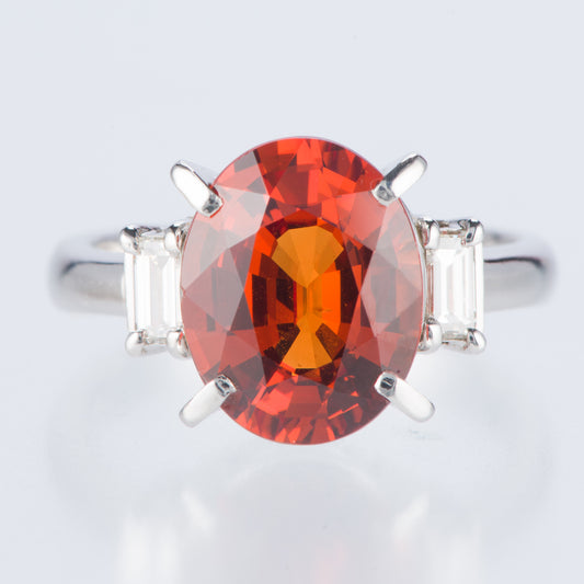 スリーストーン スぺサルティンガーネット x ダイヤモンド プラチナリング SG: 5.26 ct D: 0.25ct Pt900