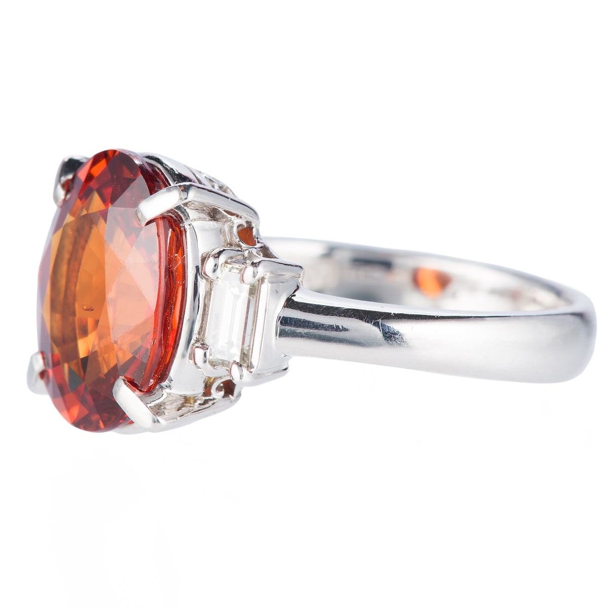スリーストーン スぺサルティンガーネット x ダイヤモンド プラチナリング SG: 5.26 ct D: 0.25ct Pt900
