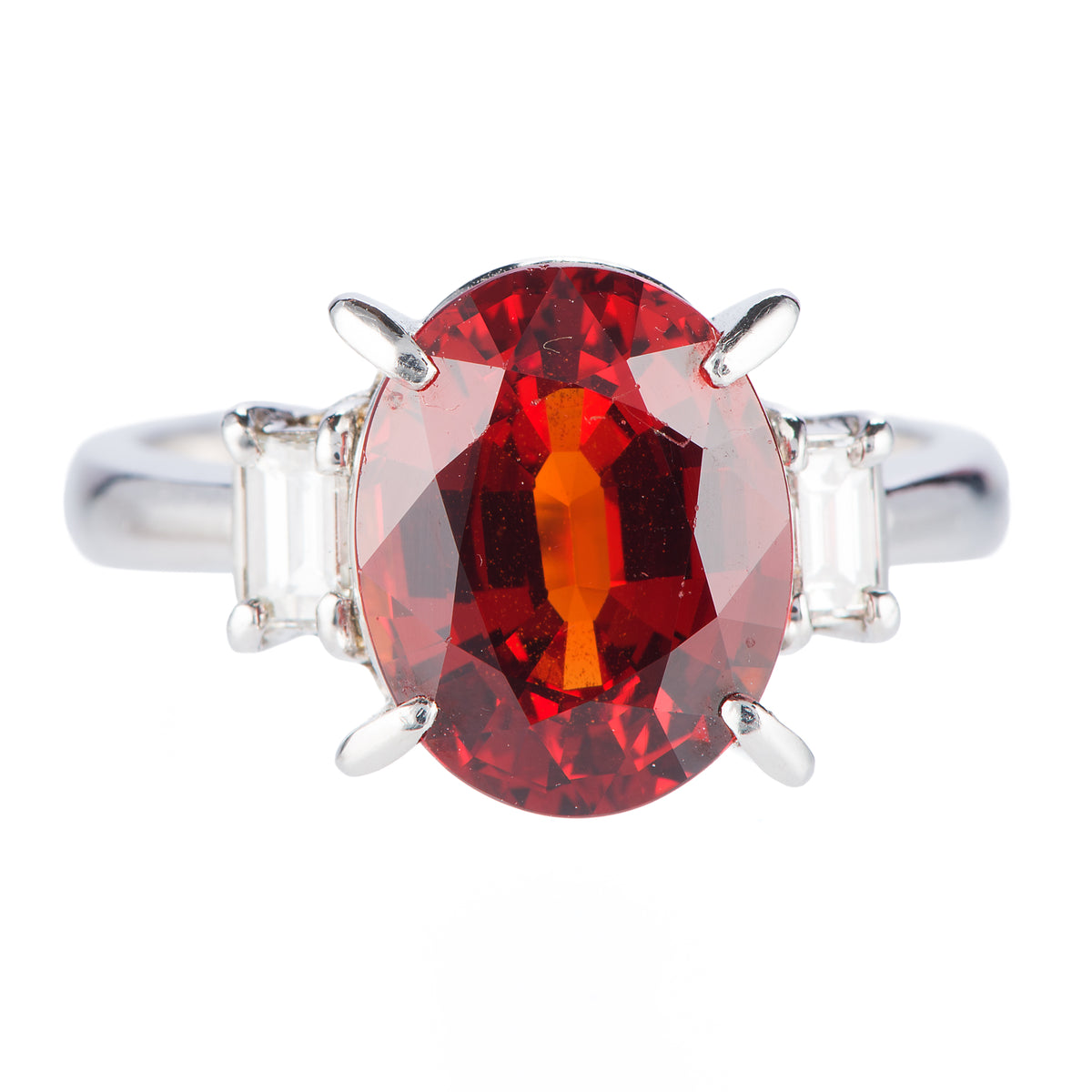 スリーストーン スぺサルティンガーネット x ダイヤモンド プラチナリング SG: 5.46 ct D: 0.31ct Pt900