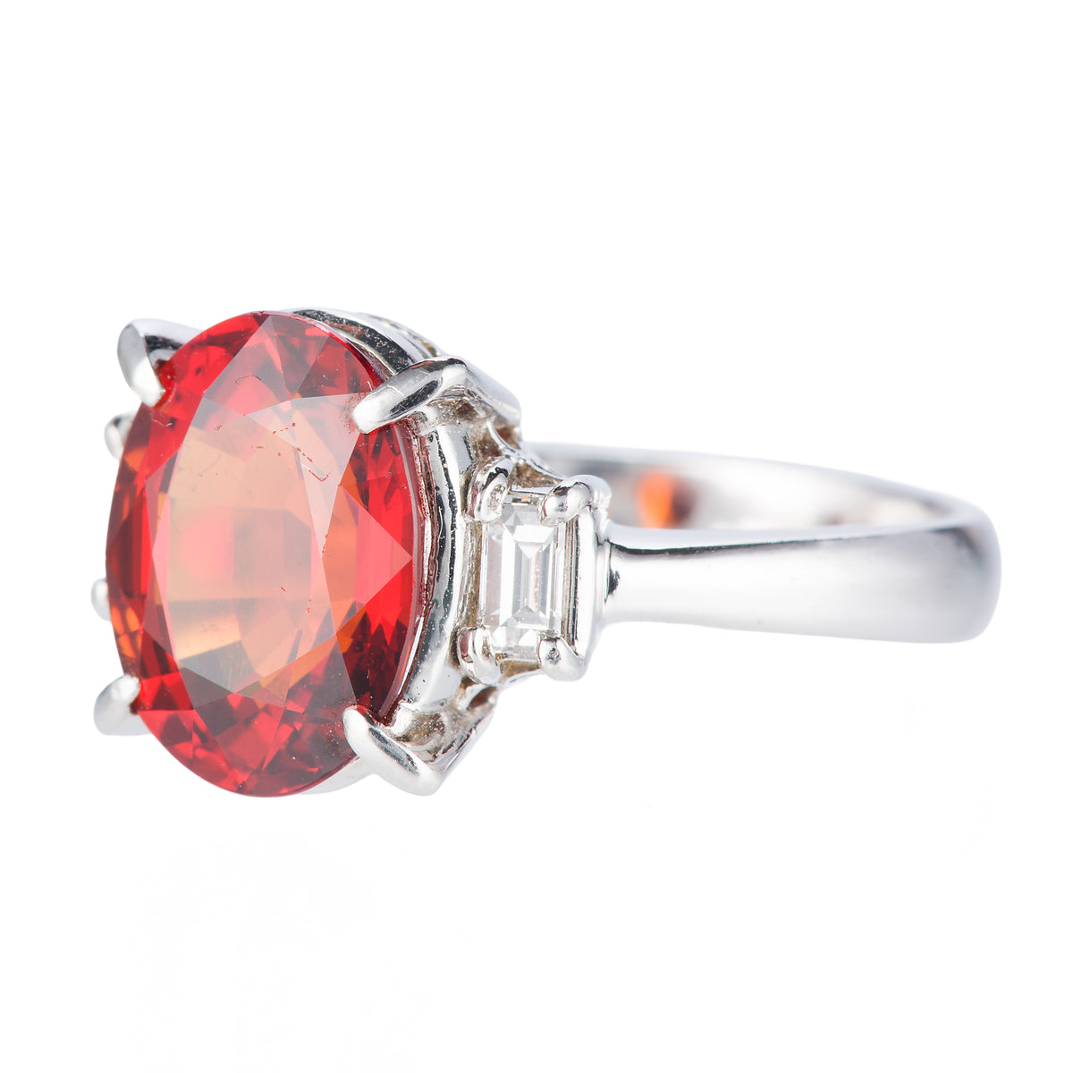 スリーストーン スぺサルティンガーネット x ダイヤモンド プラチナリング SG: 5.46 ct D: 0.31ct Pt900