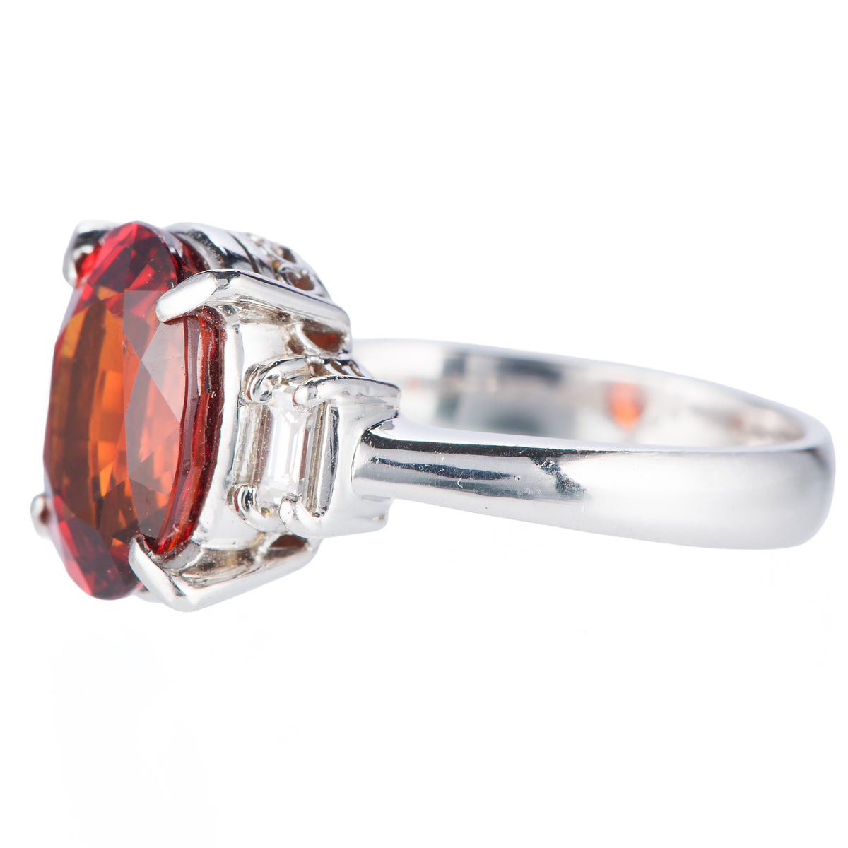 スリーストーン スぺサルティンガーネット x ダイヤモンド プラチナリング SG: 5.46 ct D: 0.31ct Pt900