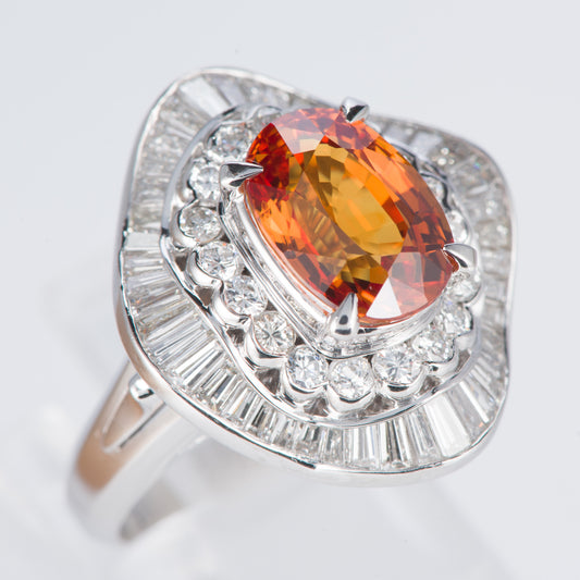 オレンジサファイアxダイヤモンド プラチナリング OS: 4.09 ct D: 1.78ct Pt900