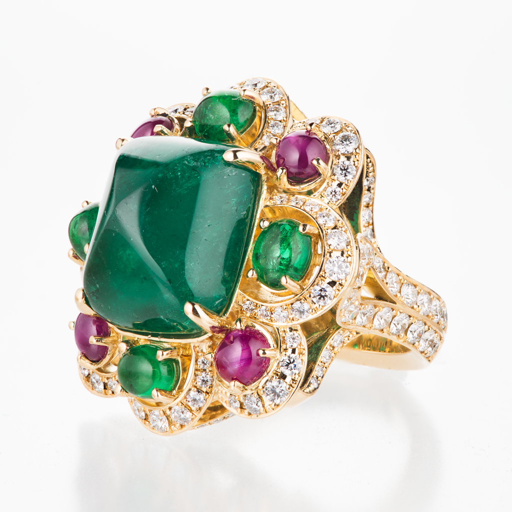 コロンビア産シュガーローフカットエメラルドイエローゴールドリング  E:13.54ct YD:0.63ct D:0.74ct K18YG