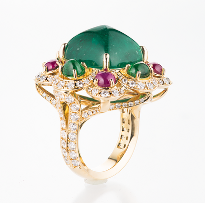 コロンビア産シュガーローフカットエメラルドイエローゴールドリング  E:13.54ct YD:0.63ct D:0.74ct K18YG