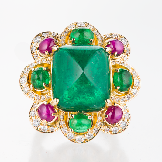 コロンビア産シュガーローフカットエメラルドイエローゴールドリング E:13.54ct YD:0.63ct D:0.74ct K18YG