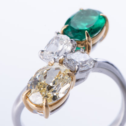 コロンビア産エメラルドxイエローダイヤモンドプラチナリング Pt950/K18YG E:1.28ct YD:1.69ct D:1.03ct