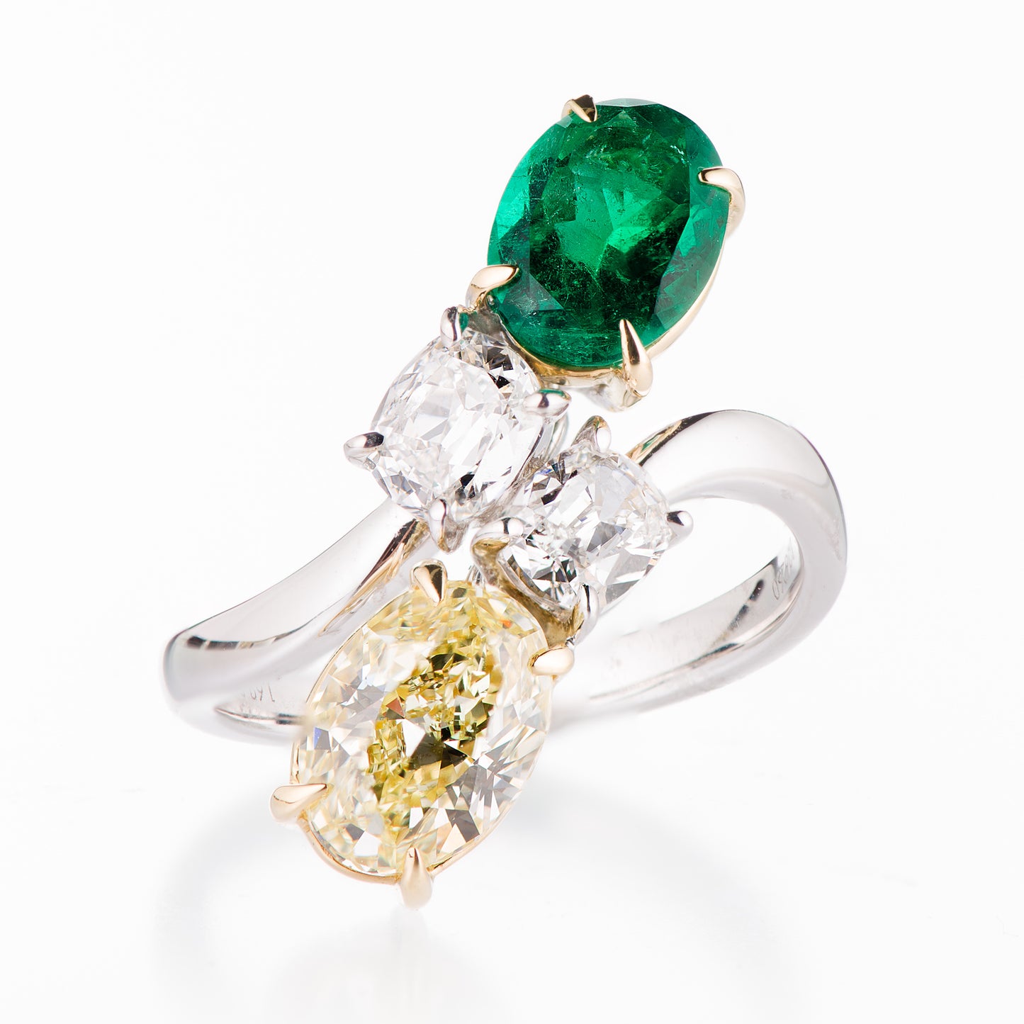 コロンビア産エメラルドxイエローダイヤモンドプラチナリング Pt950/K18YG E:1.28ct YD:1.69ct D:1.03ct