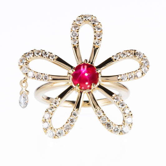 フラワーリング イエローゴールド製スタールビーリング (SR: 1.43ct D: 0.88ct K18YG)