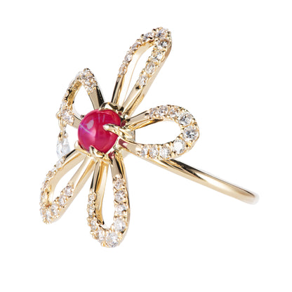 フラワーリング イエローゴールド製スタールビーリング (SR: 1.43ct D: 0.88ct K18YG)