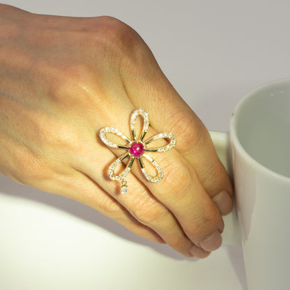 フラワーリング イエローゴールド製スタールビーリング (SR: 1.43ct D: 0.88ct K18YG)