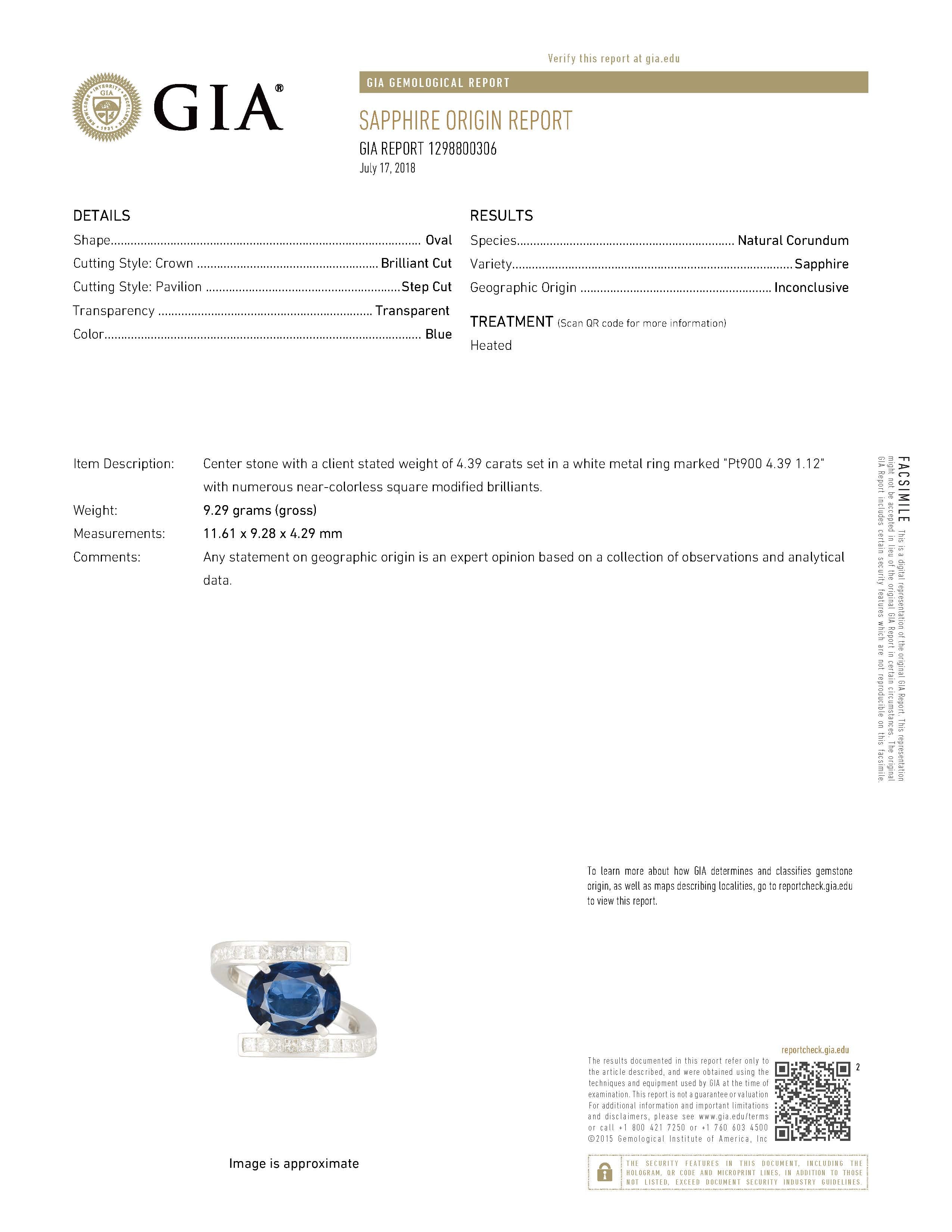 4.39ct ブルーサファイアプラチナリング S:4.39ct D:1.12ct Pt900 GIA