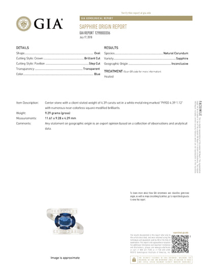 4.39ct ブルーサファイアプラチナリング S:4.39ct D:1.12ct Pt900 GIA