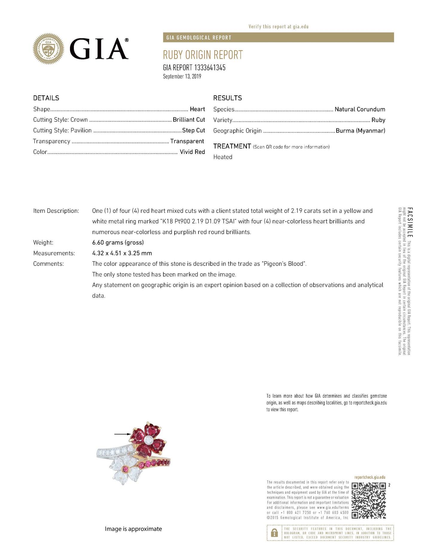 ルビープラチナイエローゴールドリングPt900/K18YG R:2.19ct D:1.09ct