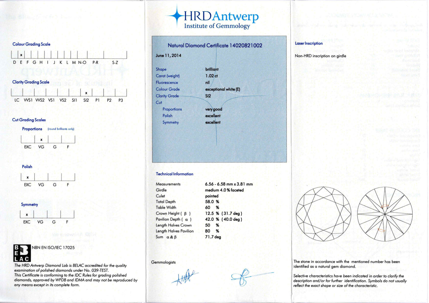 1.02ct Eカラー SI2 ダイヤモンドペンダント　プラチナ900/850製(1.02ct E SI2 Ex ) HRD
