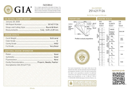 0.63ct G VVS2 Very Good エンゲージリング ラウンドカット ダイヤモンド プラチナリング  (D: 0.63/0.14ct) Pt900 GIA