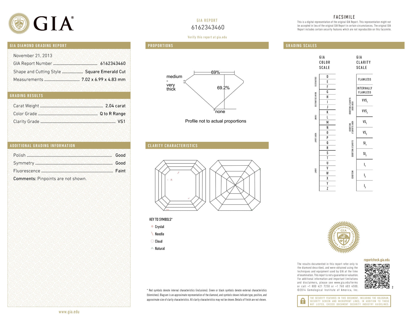 2ctスクエアカットダイヤモンド Very Light Yellow VS1 プラチナ製リング D: 2.04ct 0.46ct Pt900 GIA