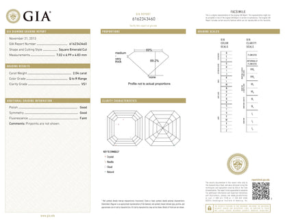 2ctスクエアカットダイヤモンド Very Light Yellow VS1 プラチナ製リング D: 2.04ct 0.46ct Pt900 GIA