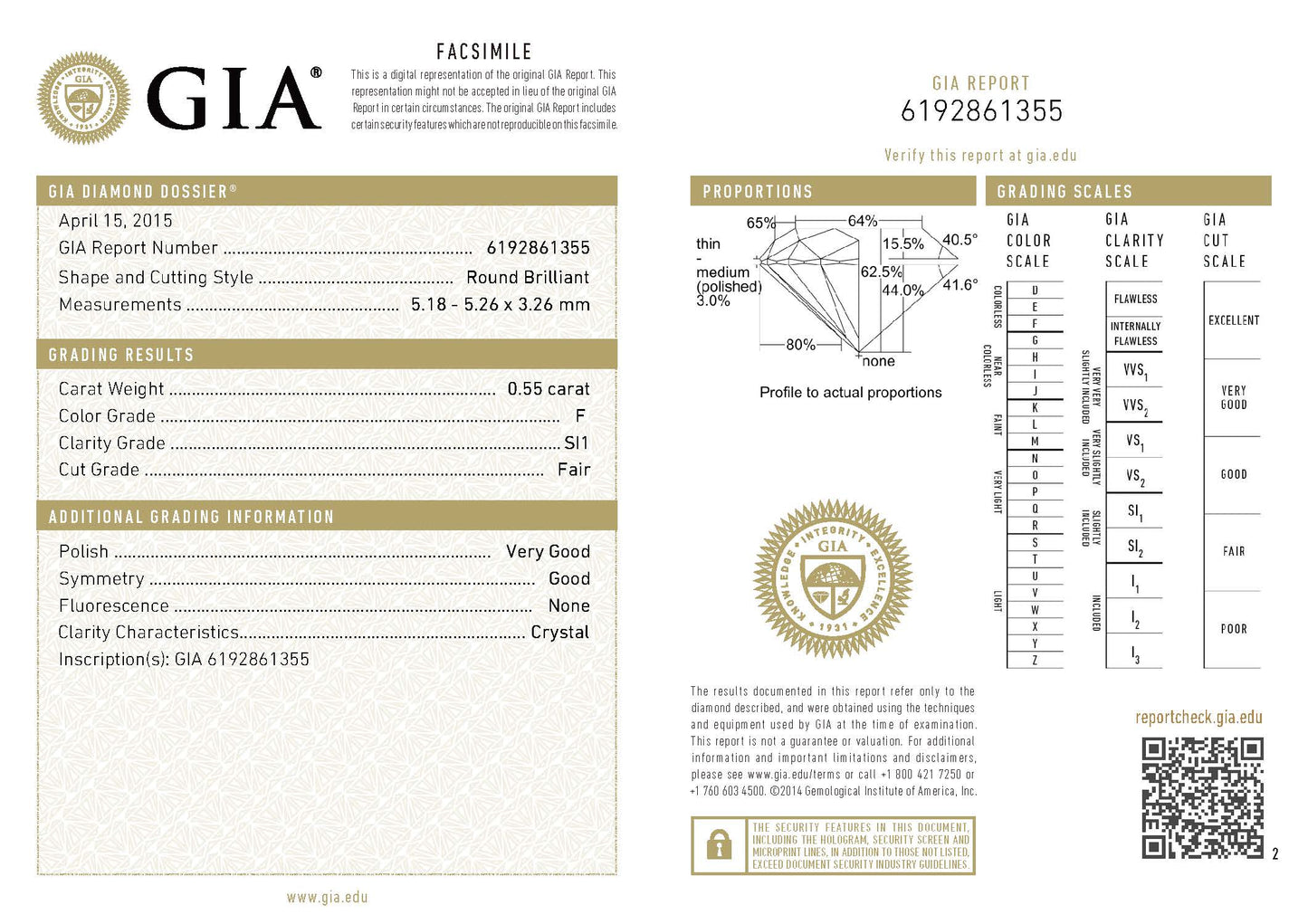 0.55ct ダイヤモンドルース　ラウンド(0.55ct F SI1 Fair-VG-Gd GIA)