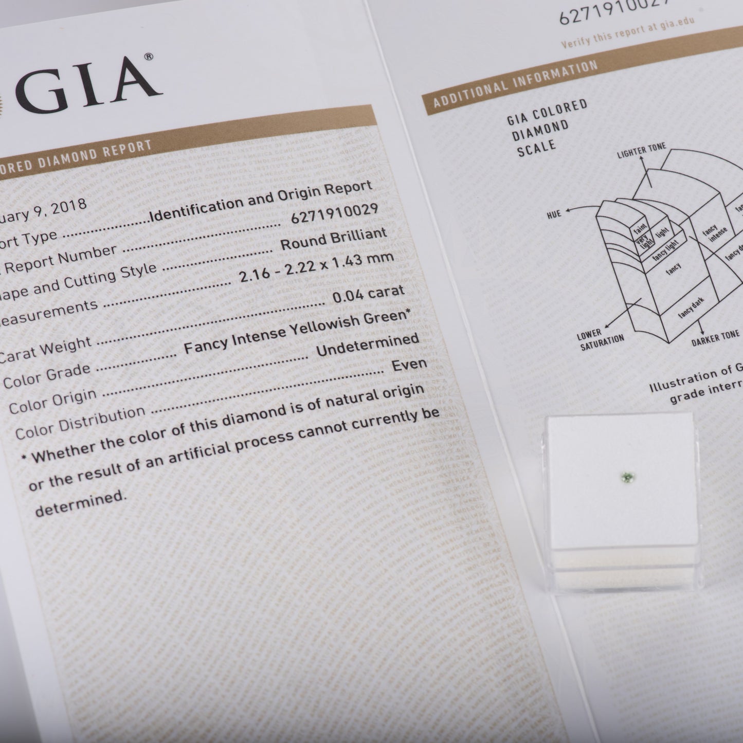 0.04ct ファンシーインテンイエロウィッシュグリーン Fancy intense Yellowish Green, GIA