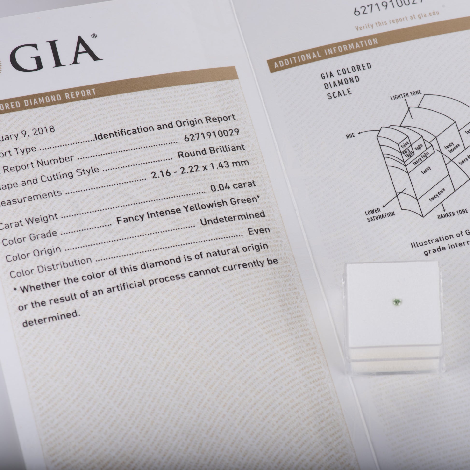 0.04ct ファンシーインテンイエロウィッシュグリーン Fancy intense Yellowish Green, GIA