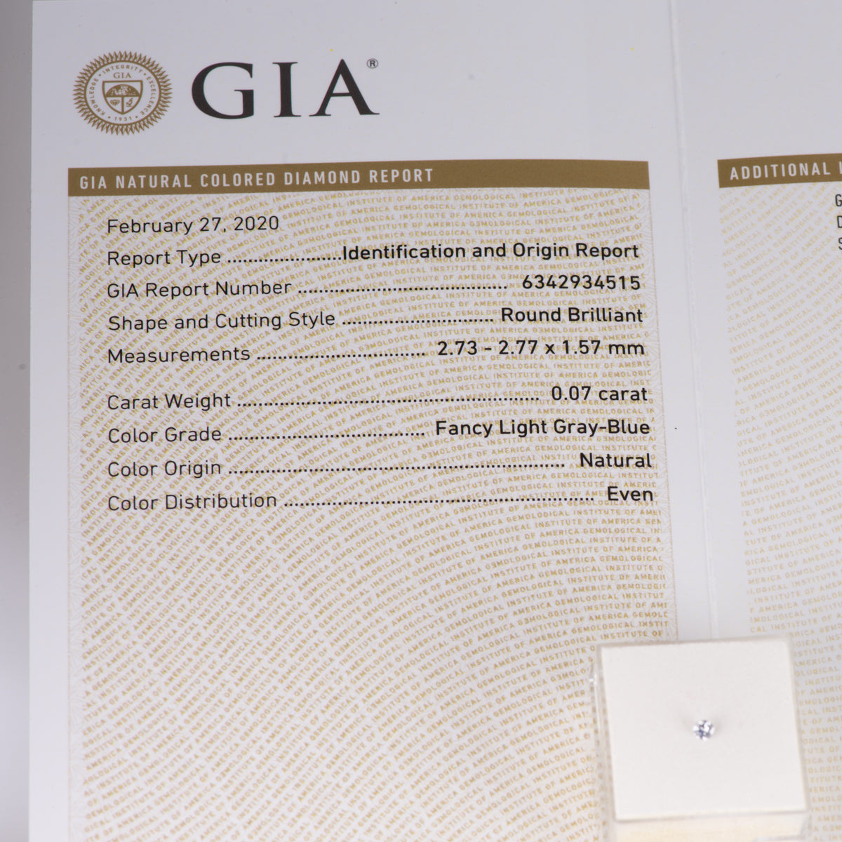 0.07ct ファンシーライトグレーブルー Fancy Light Gray Blue, GIA ラウンド