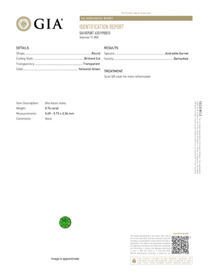 0.76ct, デマントイドガーネット ラウンド ルース, GIA