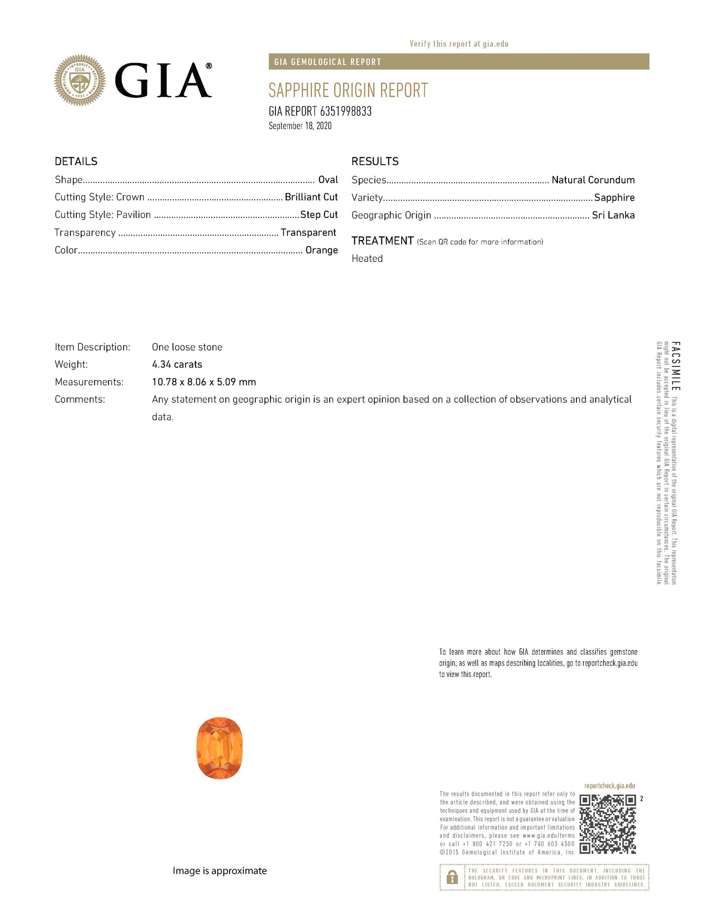 4.34ct, オレンジサファイア オーバルシェイプ ルース, GIA