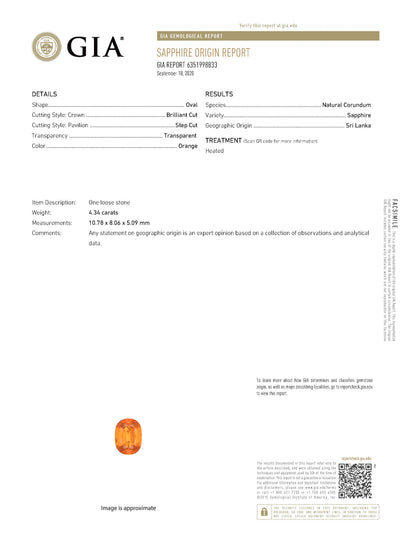 4.34ct, オレンジサファイア オーバルシェイプ ルース, GIA