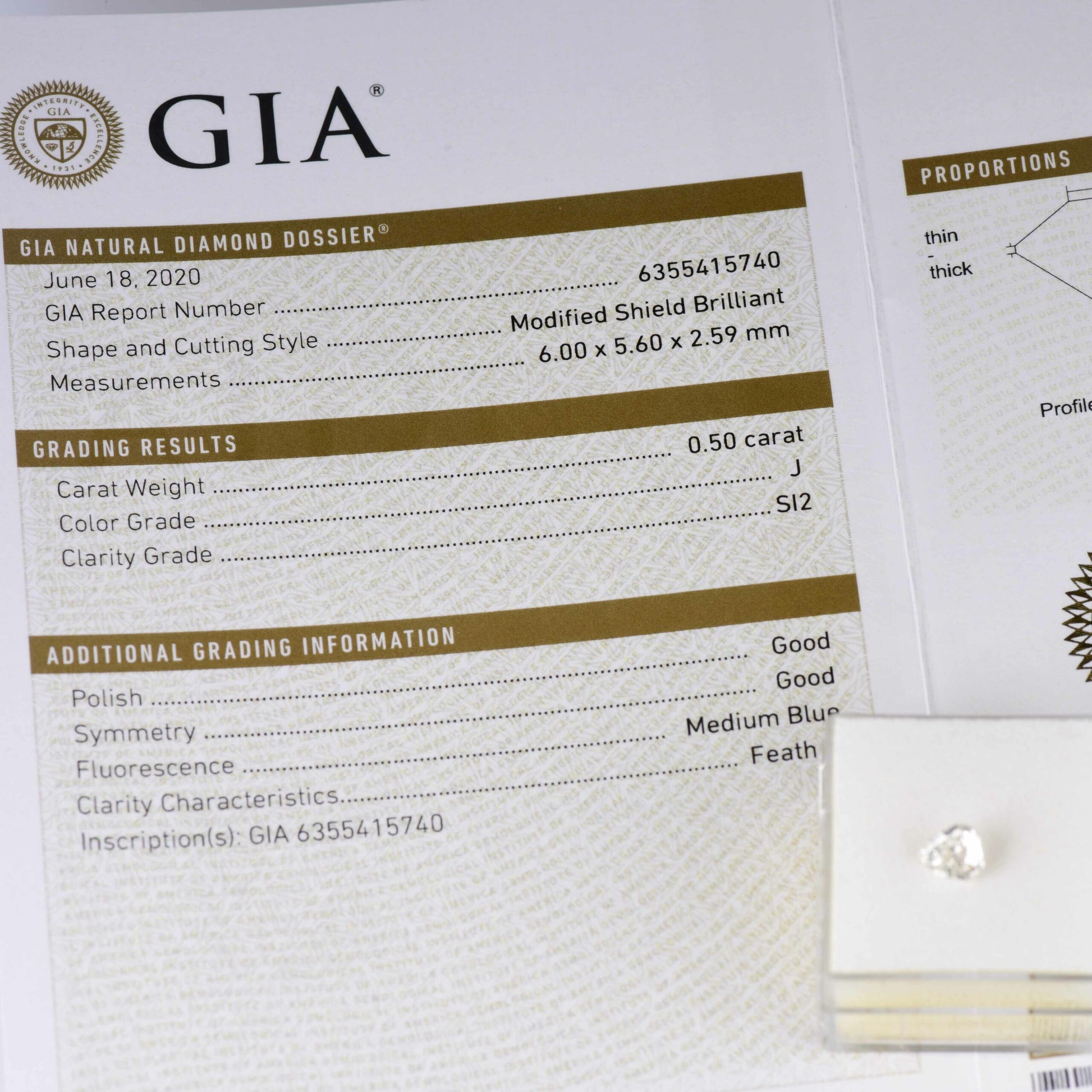0.50ct シールドカットダイヤモンド　Jカラー　SI2 ルース, GIA