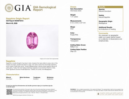マダガスカル産非加熱ピンクサファイアxダイヤモンド プラチナ製リング PS: 1.41ct D: 0.48ct Pt900 GIA