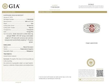 1.87ct パパラチアサファイアxダイヤモンドプラチナ製リング（1.87ct　D0.82ct Pt900）GIA