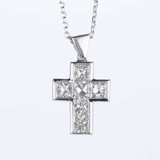 ホワイトゴールド製2.03ct K18WGダイヤモンドペンダントネックレス クロス型