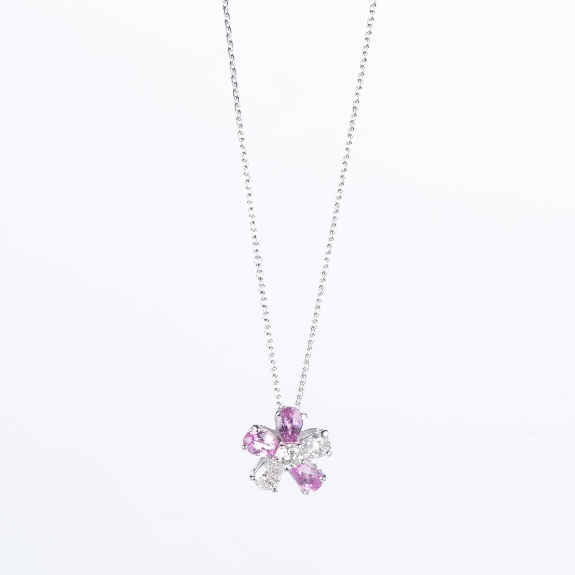 ホワイトゴールド製 ブルームピンクサファイア PS0.89ct D0.42ct K18WG ダイヤモンドペンダントネックレス フラワー型