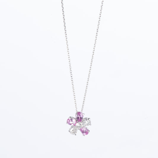 ホワイトゴールド製 ブルームピンクサファイア PS0.89ct D0.42ct K18WG ダイヤモンドペンダントネックレス フラワー型
