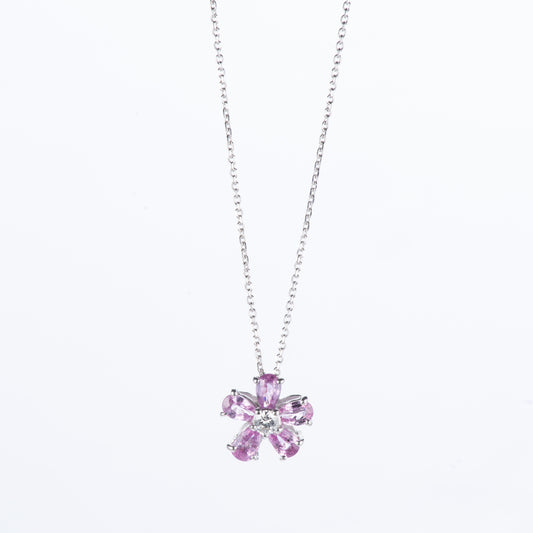 ホワイトゴールド製 ブルームピンクサファイア PS1.19ct D0.11ct K18WG ダイヤモンドペンダントネックレス フラワー型